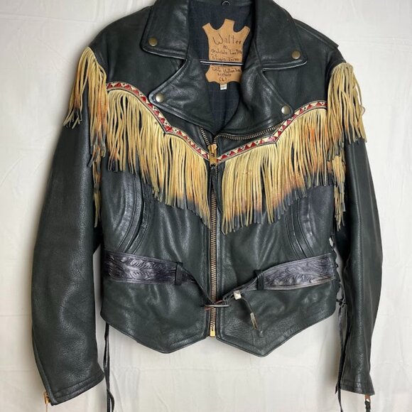 Walter Co Genuine Leather Sturgis Frisco Large Black Tan Fringe Biker Jacket